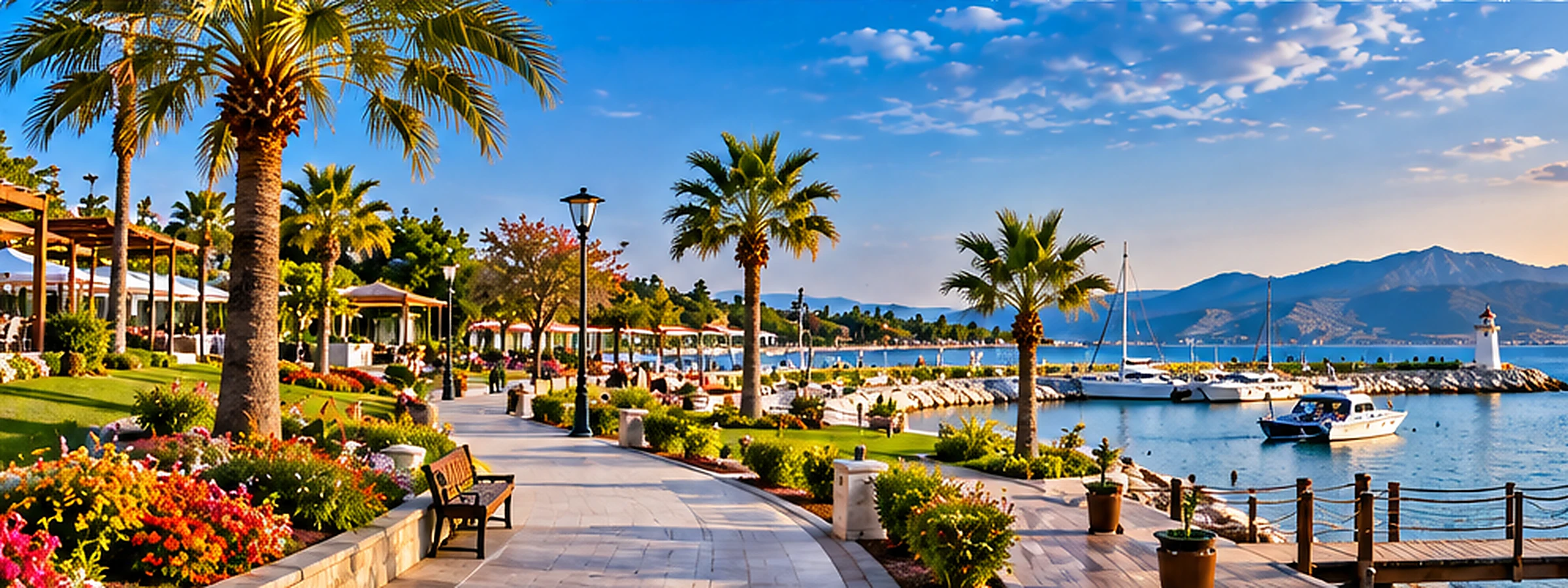 Deniz kıyısında peyzajlı sahil parkı ve marina